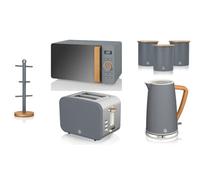 Swan Nordic Grey 7-Piece Kitchen Set - 1.7L Cordless Kettle, 2-Slice Toaster, 800W 20L Microwave, 3 Canisters & 6-Cup Mug Tree
