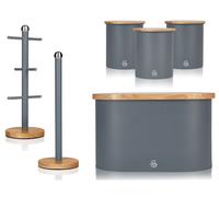 Swan Nordic Grey Bread Bin Canisters Mug Tree & Towel Pole Matching Kitchen Set