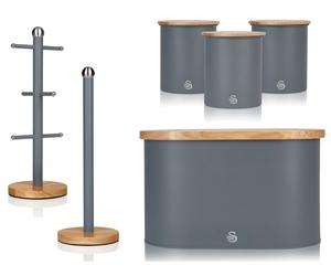 Swan Nordic Grey Bread Bin Canisters Mug Tree & Towel Pole Matching Kitchen Set