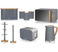 Swan Nordic Grey Jug Kettle, 2 Slice Toaster, 800W 20L Microwave, Bread Bin, Canisters, Mug Tree & Towel Pole. Scandinavian Inspired Design Kitchen Set of 9 in Slate Grey with Wood Effect Accents