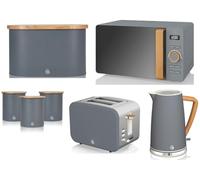 Swan Nordic Grey Jug Kettle, 2 Slice Toaster, 800W 20L Microwave, Bread Bin & Canisters. Scandinavian Inspired Design Kitchen Set of 7 in Slate Grey with Wood Effect Accents