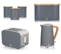 Swan Nordic Grey Jug Kettle, 2 Slice Toaster, Bread Bin & Canisters. Scandinavian Inspired Design Kitchen Set of 6 in Slate Grey with Wood Effect Accents