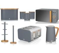 Swan Nordic Grey Jug Kettle, 4 Slice Toaster, 800W 20L Microwave, Bread Bin, Canisters, Mug Tree & Towel Pole. Scandinavian Inspired Design Kitchen Set of 9 in Slate Grey with Wood Effect Accents