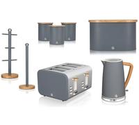 Swan Nordic Grey Jug Kettle, 4 Slice Toaster, Bread Bin, Canisters, Mug Tree & Towel Pole. Scandinavian Inspired Design Kitchen Set of 8 in Slate Grey with Wood Effect Accents