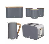 Swan Nordic Kettle, 2 Slice Toaster, Bread Bin & Canisters Set (Grey)