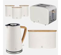 Swan Nordic Kettle, 2 Slice Toaster, Bread Bin & Canisters Set (White)