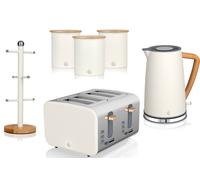 Swan Nordic Kettle 4 Slice Toaster 3 Canisters Mug Tree White Kitchen Set of 6