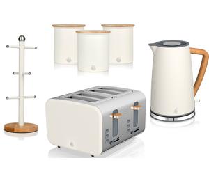 Swan Nordic Kettle 4 Slice Toaster 3 Canisters Mug Tree White Kitchen Set of 6