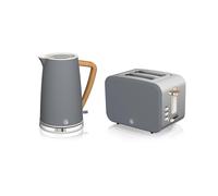 Swan Nordic Kitchen Set, 1.7L Fast Boil Kettle and 900W 2-Slice Toaster, Grey, SK14610GREN/ ST14610GREN, EEJB336