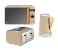 Swan Nordic Oatmeal 1.7L 3KW Kettle, 4 Slice Toaster & 800W 20L Microwave. Scandinavian Inspired Design Matching Kitchen Set with Oatmeal Matt Finish, Stainless Steel Accents and Acacia Wood