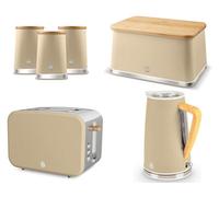 Swan Nordic Oatmeal 4-Piece Kitchen Set - 1.7L 3Kw Kettle, 2-Slice Toaster, 16L Bread Bin And 3 Canisters
