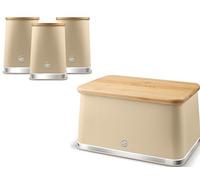Swan Nordic Oatmeal Bread Bin and Tea, Coffee, Sugar Canisters. Scandinavian Inspired Minimalist Design Kitchen Storage Set. Matt Oatmeal Finish, Stainless Steel Accents and Acacia Wood