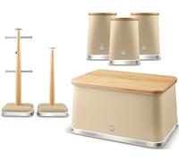 Swan Nordic Oatmeal Bread Bin, Canisters, Mug Tree & Towel Pole. Scandinavian Inspired Minimalist Design Kitchen Storage Set. Matt Oatmeal Finish, Stainless Steel Accents and Acacia Wood