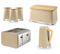 Swan Nordic Oatmeal Kettle 1.7L, 4-Slice Toaster, 16L Bread Bin And 3 Canisters Matching Kitchen Set