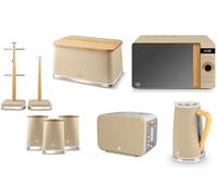 Swan Nordic Oatmeal Kettle, 2 Slice Toaster, 800W 20L Microwave, Breadbin, Canisters, Mug Tree & Towel Pole. Matching Kitchen Set of 9 with Oatmeal Matt Finish, Stainless Steel Accents and Acacia Wood