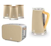 Swan Nordic Oatmeal Kettle, 2 Slice Toaster and Canisters,. Scandinavian Inspired Minimalist Design Matching Kitchen Set, Oatmeal Matt Finish, Stainless Steel Accents & Acacia Wood
