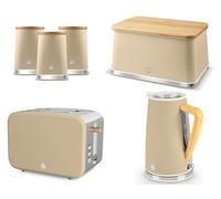 Swan Nordic Oatmeal Kettle, 2 Slice Toaster, Breadbin and Canisters,. Scandinavian Inspired Design Kitchen Set, Oatmeal Matt Finish, Stainless Steel Accents & Acacia Wood