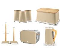 Swan Nordic Oatmeal Kettle, 2 Slice Toaster, Breadbin, Canisters, Mug Tree & Towel Pole. Scandinavian Inspired Design Kitchen Set, Oatmeal Matt Finish, Stainless Steel Accents & Acacia Wood