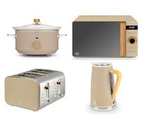 Swan Nordic Oatmeal Kettle, 4 Slice Toaster, 800W 20L Microwave and 3.5L Slow Cooker. Scandinavian Inspired Design Kitchen Set in Oatmeal Matt Finish, Stainless Steel Accents and Acacia Wood