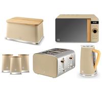 Swan Nordic Oatmeal Kettle, 4 Slice Toaster, 800W 20L Microwave, Breadbin & Canisters. Matching Kitchen Set of 7 with Oatmeal Matt Finish, Stainless Steel Accents and Acacia Wood