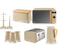 Swan Nordic Oatmeal Kettle, 4 Slice Toaster, 800W 20L Microwave, Breadbin, Canisters, Mug Tree & Towel Pole. Matching Kitchen Set of 9 with Oatmeal Matt Finish, Stainless Steel Accents and Acacia Wood