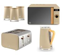 Swan Nordic Oatmeal Kettle, 4 Slice Toaster, 800W 20L Microwave & Canisters. Matching Kitchen Set of 6 with Oatmeal Matt Finish, Stainless Steel Accents and Acacia Wood