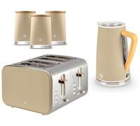 Swan Nordic Oatmeal Kettle, 4 Slice Toaster and Canisters. Scandinavian Inspired Design Minimalist Design Kitchen Set in Oatmeal Matt Finish, Stainless Steel Accents and Acacia Wood
