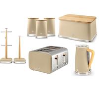 Swan Nordic Oatmeal Kettle, 4 Slice Toaster, Breadbin, Canisters, Mug Tree & Towel Pole. Matching Kitchen Set of 8 with Oatmeal Matt Finish, Stainless Steel Accents and Acacia Wood