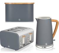 Swan Nordic Slate Grey 3-Piece Kitchen Set - 1.7L Cordless Kettle, 4-Slice Toaster, Oval Bread Bin