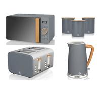 Swan Nordic Slate Grey 6-Piece Kitchen Set - 1.7L Kettle, 4-Slice Toaster, 800W 20L Microwave & 3 Canisters.
