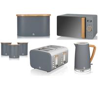 Swan Nordic Slate Grey 7-Piece Kitchen Set - 1.7L Kettle, 4-Slice Toaster, 800W 20L Microwave, Bread Bin & 3 Canisters