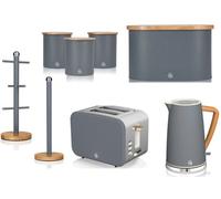 Swan Nordic Slate Grey 8-Piece Kitchen Set - 1.7L Cordless Kettle, 2-Slice Toaster, Bread Bin, Canisters, Mug Tree & Towel Pole