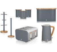 Swan Nordic Slate Grey 8-Piece Kitchen Set - 1.7L Jug Kettle, 4-Slice Toaster, Bread Bin, 3 Canisters, Mug Tree & Towel Pole