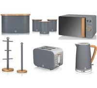 Swan Nordic Slate Grey 9-Piece Set, 1.7L Kettle, Toaster, 800W Microwave, Bread Bin, Canisters