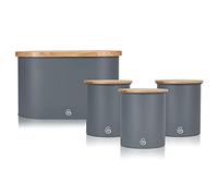 Swan Nordic Slate Grey Kitchen Accessory Set with Bread Bin and Cutting Board Lid and Set of 3 Storage Canisters, Bamboo Lids, Handy Storage, Soft Matte Finish, STP1022GRYN
