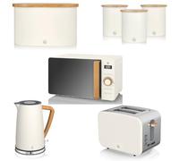 Swan Nordic White 1.7L Jug Kettle, 2 Slice Toaster, 800W 20L Microwave, Bread Bin and Tea, Coffee, Sugar Canisters. Scandinavian Inspired Design Matching Kitchen Set of 7 in Cotton White
