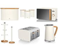 Swan Nordic White 1.7L Jug Kettle, 4 Slice Toaster, 800W 20L Microwave, Bread Bin, Canisters, Mug Tree & Towel Pole. Scandinavian Inspired Design Matching Kitchen Set of 9 in Cotton White