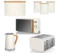 Swan Nordic White 1.7L Jug Kettle, 4 Slice Toaster, 800W 20L Microwave, Bread Bin & Canisters Set. Scandinavian Inspired Design Matching Kitchen Set of 7 in Cotton White