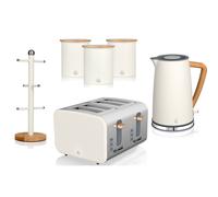 Swan Nordic White Kettle 4 Slice Toaster 3 Canisters Mug Tree Set