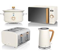 Swan Nordic White Kettle 4 Slice Toaster Microwave 3.5L Slow Cooker Kitchen Set