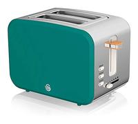 Swan Nordic Wide Slotted Toaster 2 Slice 3 Function 6 Levels Modern Design Stainless Steel Wood Effect Handle Matte Green