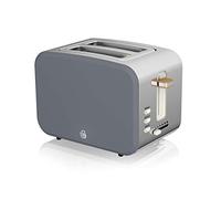 Swan Nordic Wide Slotted Toaster 2 Slice 3 Function 6 Levels Modern Design Stainless Steel Wood Effect Handle Slate Grey