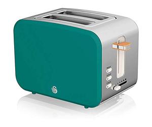 Swan Nordic Wide Slotted Toaster 2 Slice 3 Function 6 Levels Modern Design Stainless Steel Wood Effect Handle Matte Green