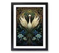 Swan Nouveau Framed Print | A2 Black Framed Wall Art | Ready to Hang | Modern Animal Picture | Living Room Bedroom Lounge Office