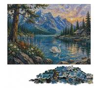 Swan on A Lake with Mountains Adult Wooden Jigsaw Puzzle 300 Pieces | Jigsaw Puzzle for Adults: gift for adults who enjoy detailed hobbies, quiet evening activity.