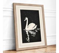 Swan on Dark Water Japandi Framed Wall Art Print A2 (59.4×42cm) Oak, Wall Decor for Living Room, Bedroom, Office & Home, Ready to Hang, Art Gift