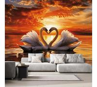 Swan Photo Wallpaper for Bedroom Animals, Lakes, Sunset 3D Small Wall Mural, Removable Peel and Stick Self-Adhesive Wall Decal for Boys Girls Living Room Office Decor 99"x 69" T-116