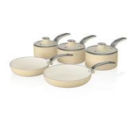 Swan Retro SWPS5020CN 5 Piece Aluminium Pan Set With Glass Lid, Non Stick Ceramic Coating, Cream