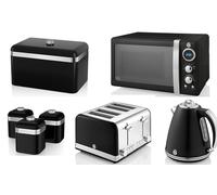 Swan Retro Black 1.5L 3KW Jug Kettle, 4 Slice Toaster, 800W 20L Microwave, Bread Bin & Tea, Coffee, Sugar Canisters. Retro Design Matching Kitchen Set of 7 in Black with Chrome Accents