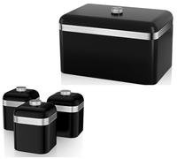 Swan Retro Black Bread Bin and Tea, Coffee, Sugar Canisters. Matching Retro Design Kitchen Storage Set in Black